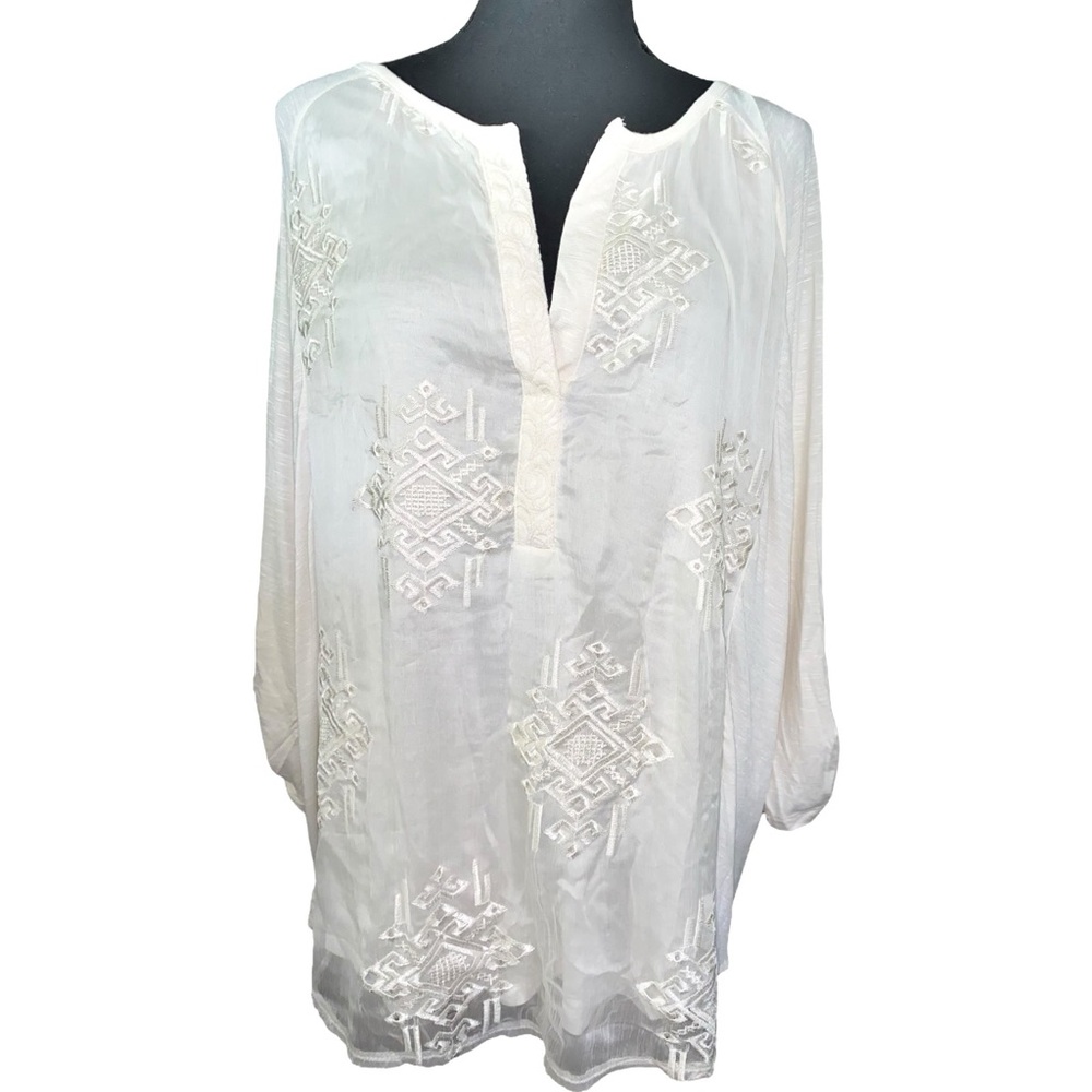 RXB ☆ Embroidered Roll Tab Sleeve Popover Tunic Blouse ☆ NWT